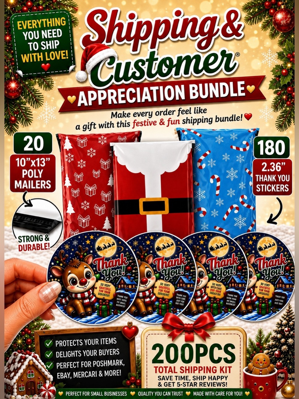 200PC Bundle ~ 20 10”x13” Poly Mailers & 180 2.36” Thank You Stickers